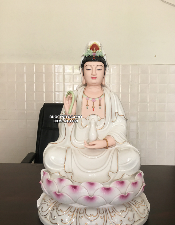 tượng phật bà quan âm bằng sứ trắng sen hồng đẹp