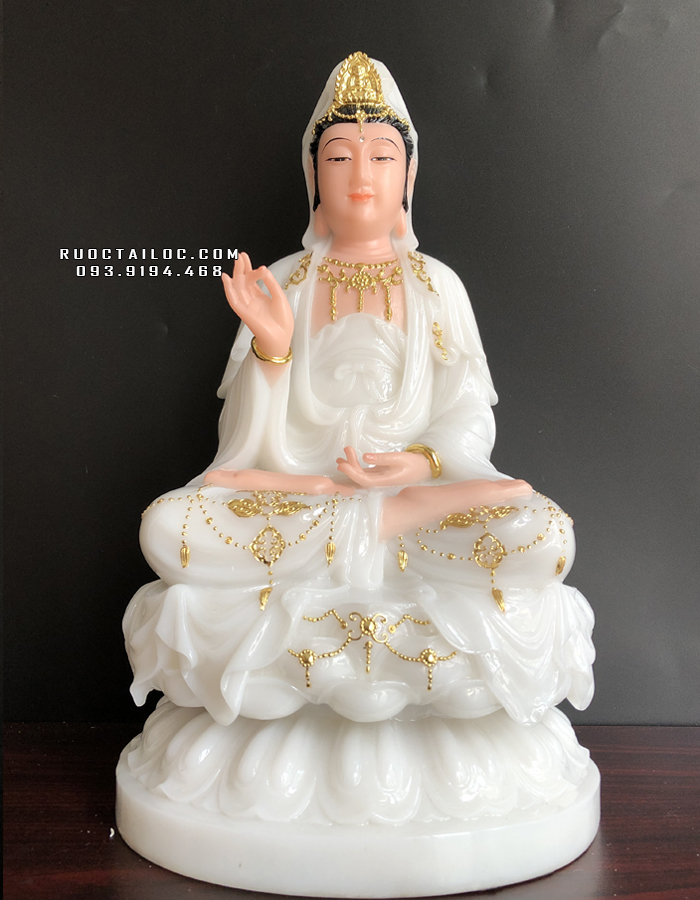 tượng mẹ quan thế âm bồ tát bằng đá trắng viền vàng đẹp