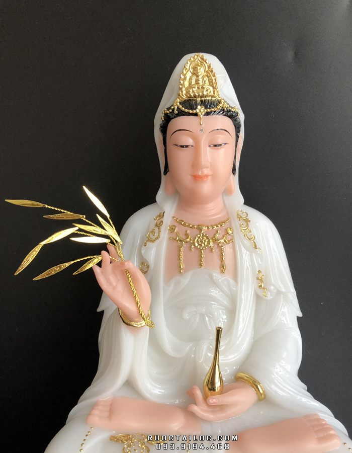 tượng mẹ quan thế âm bồ tát bằng đá trắng viền vàng đẹp