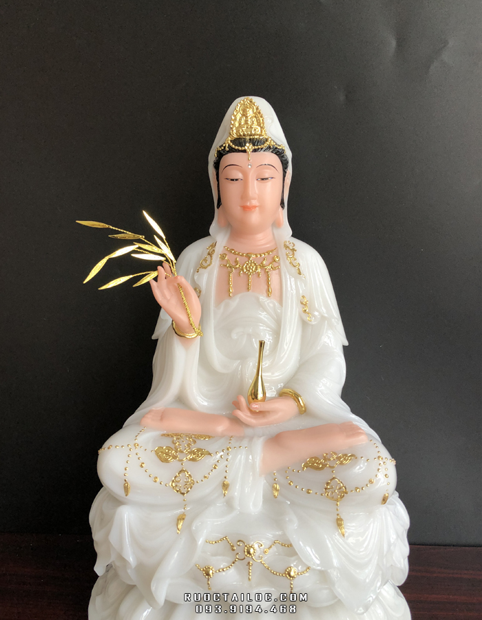 tượng mẹ quan thế âm bồ tát bằng đá trắng viền vàng đẹp