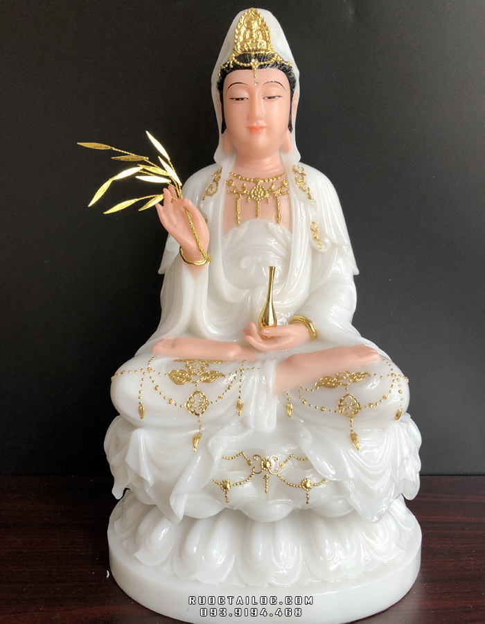 tượng mẹ quan thế âm bồ tát bằng đá trắng viền vàng đẹp