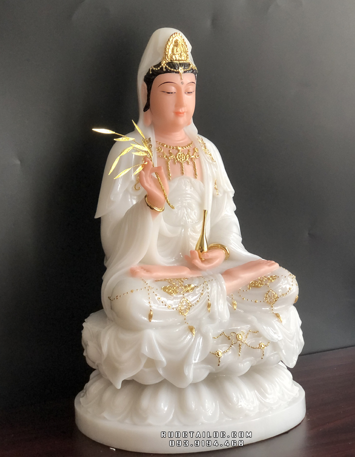 tượng mẹ quan thế âm bồ tát bằng đá trắng viền vàng đẹp