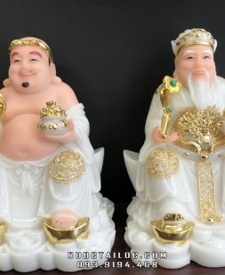 Tượng Ông Địa Thần Tài bột đá trắng viền vàng đế thỏi vàng ODTT - 012