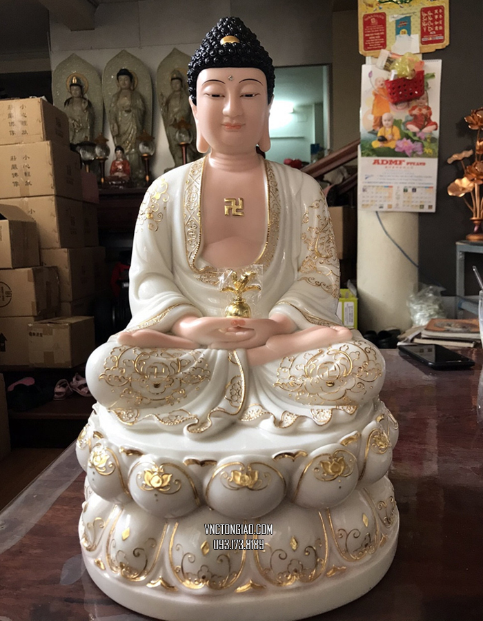 Tượng Phật Dược Sư bằng bột đá trắng đế sen viền vàng đẹp