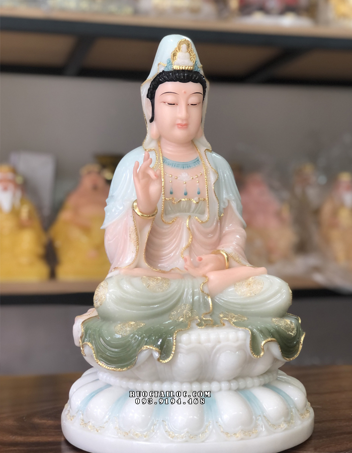 tượng quan âm bồ tát bằng bột đá xanh ngọc chuỗi hạt