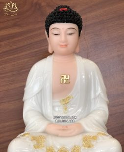 Tượng Phật Dược Sư trắng đế sen y áo viền vàng nổi bật