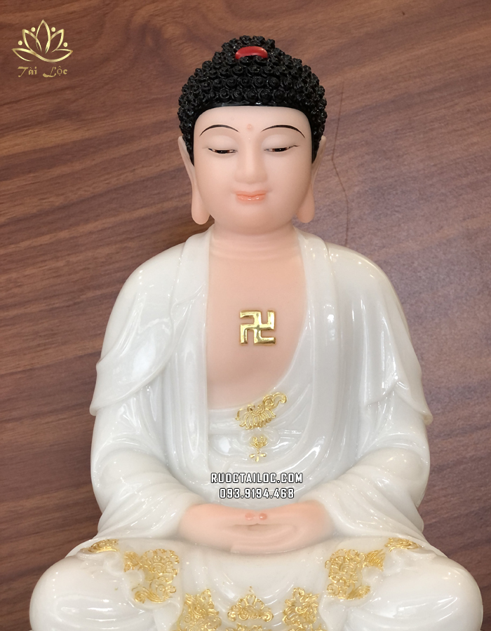 Tượng Phật Dược Sư trắng đế sen y áo viền vàng nổi bật