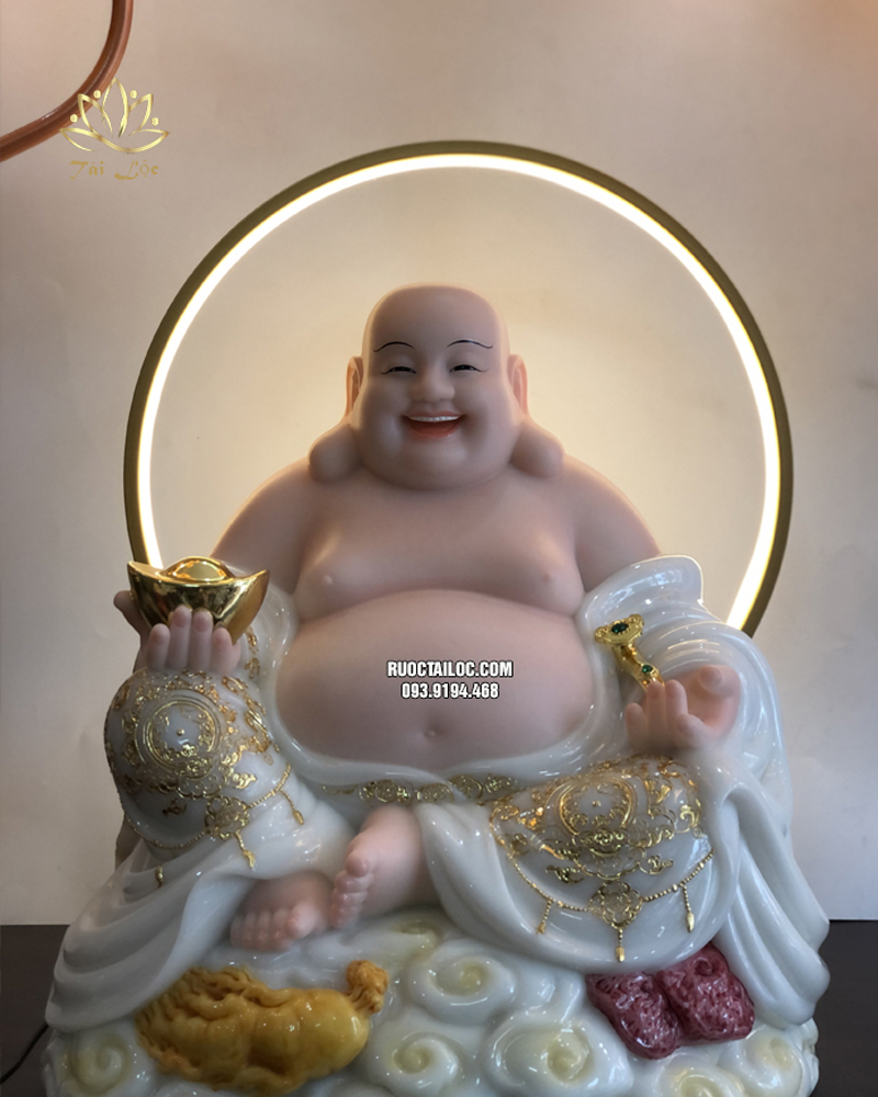 Tượng Phật Di Lặc trắng viền vàng nhân sâm ngồi đám mây đẹp