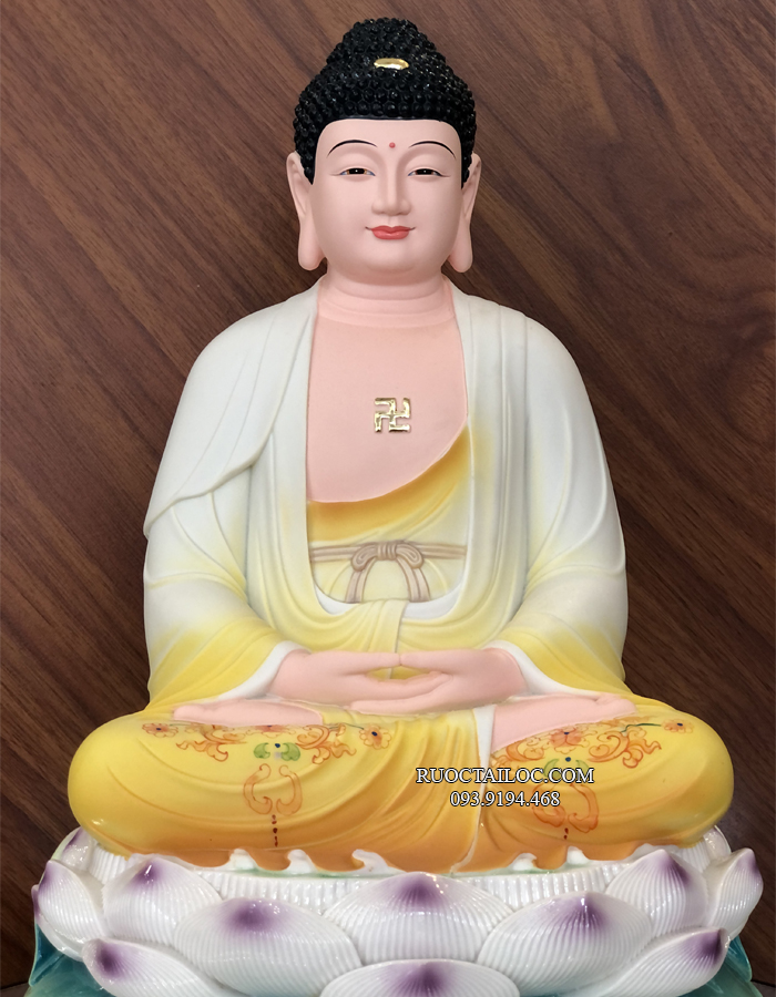 Tượng Phật Dược Sư áo vàng ngồi đế non nước bằng Poly đẹp nhất DS-022