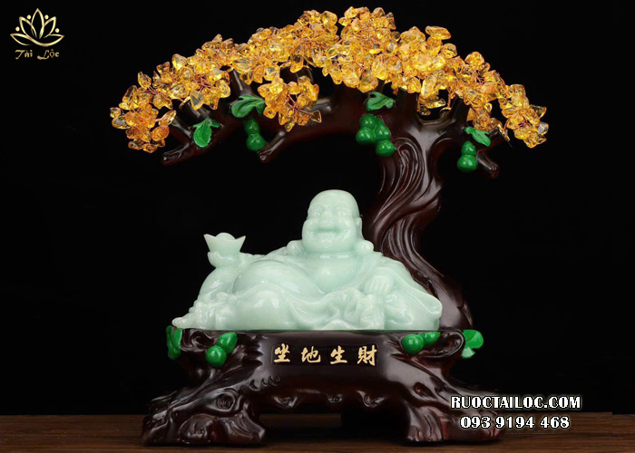 Phật Di Lặc xanh ngọc ngồi cây phát tài phát lộc may mắn, tài lộc, hạnh phúc