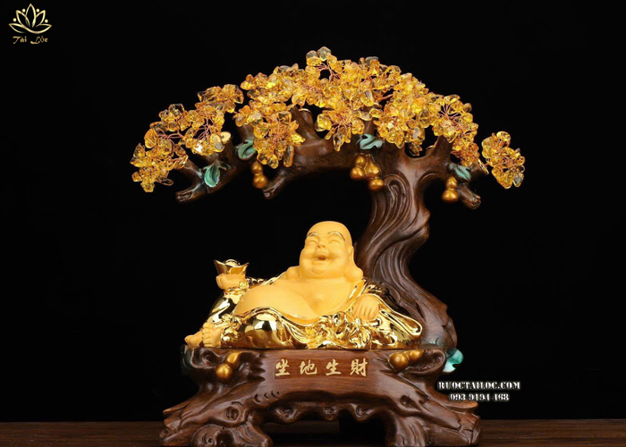 Phật Di Lặc ngồi cây tài lộc may mắn, phát tài, hạnh phúc