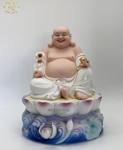 Tượng Phật Di Lặc bằng sứ trắng ngồi đế sen sóng nước xanh