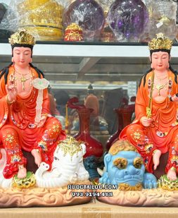 Tượng Văn Thù Phổ Hiền Bồ Tát bằng Composite cao cấp áo gấm đỏ