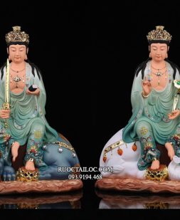 Tượng Văn Thù Phổ Hiền Bồ Tát bằng composite gấm xanh đẹp nhất
