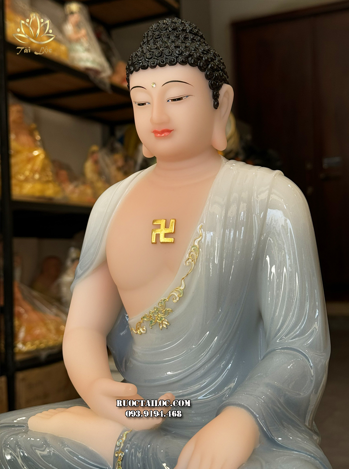Bộ tượng 7 vị Phật Dược Sư bằng bột đá màu khoáng, y áo viền vàng diện đẹp, trang nghiêm