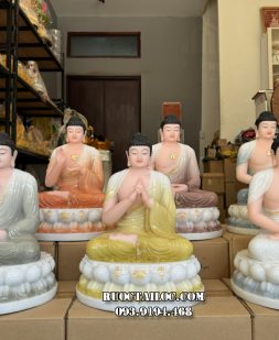 Bộ tượng 7 vị Phật Dược Sư bằng bột đá màu khoáng, y áo viền vàng diện đẹp, trang nghiêm
