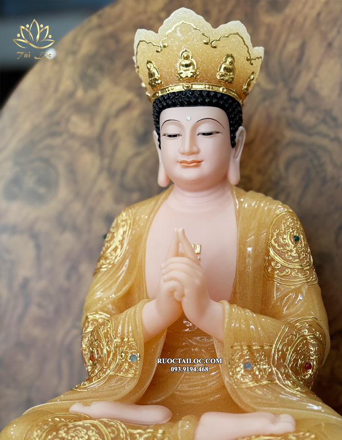 Tượng Phật Đại Nhật Như Lai Thạch Anh viền áo rủ dát vàng đẹp