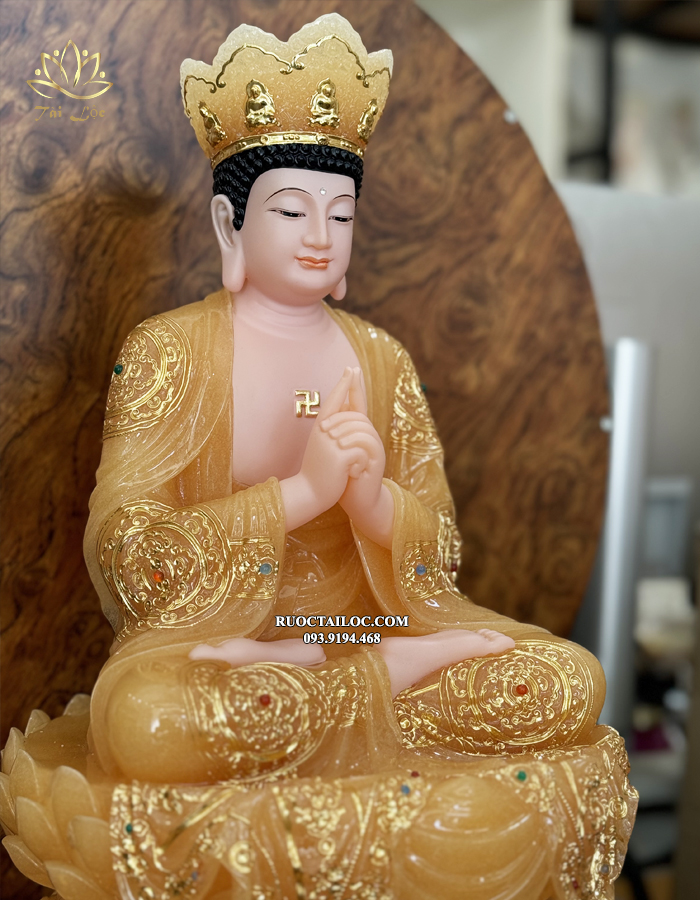 Tượng Phật Đại Nhật Như Lai Thạch Anh viền áo rủ dát vàng đẹp