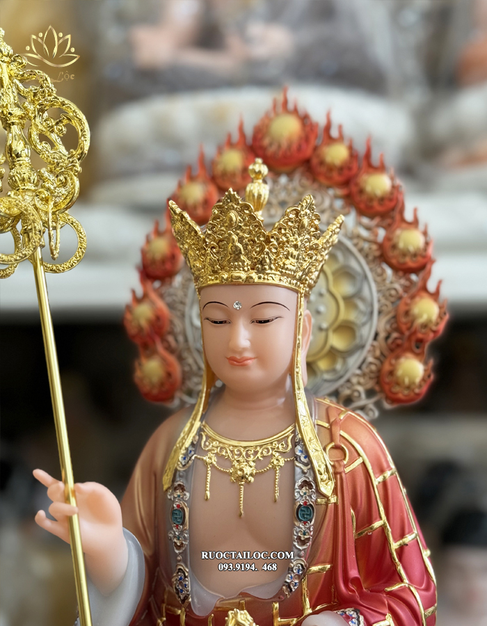 tượng Địa Tạng Vương Bồ Tát bằng bột đá vẽ gấm cưỡi đề thính cao cấp