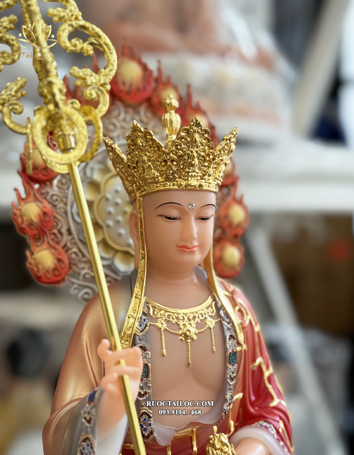 tượng Địa Tạng Vương Bồ Tát bằng bột đá vẽ gấm cưỡi đề thính cao cấp