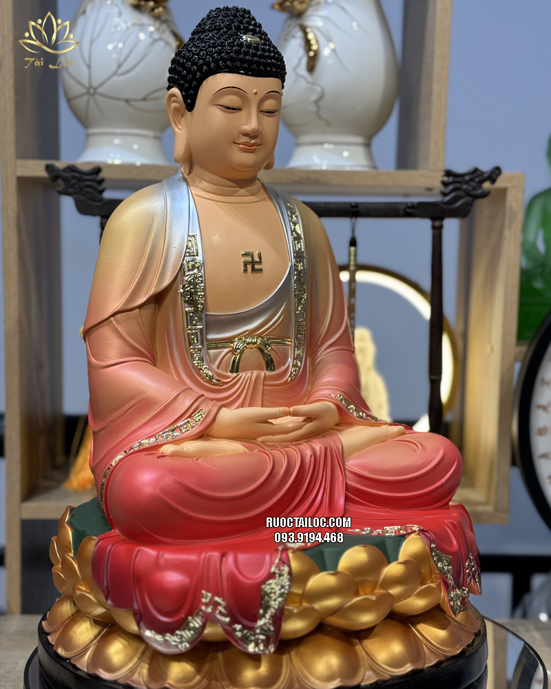 Tượng Phật Dược Sư áo đỏ ngồi đế sen vàng bằng composite