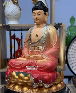 Tượng Phật Dược Sư áo đỏ ngồi đế sen vàng bằng composite