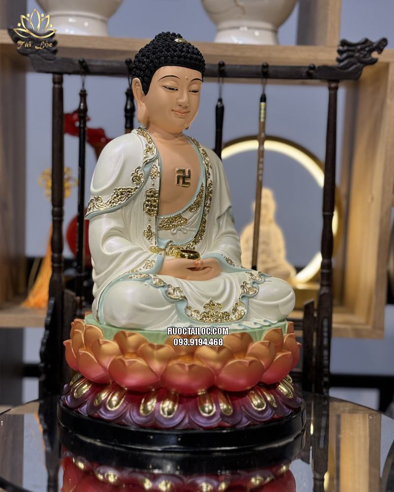 Tượng Phật Dược Sư trắng đế đỏ bằng composite