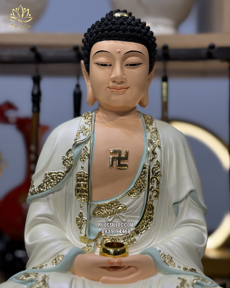 Tượng Phật Dược Sư trắng đế đỏ bằng composite