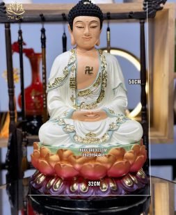 Tượng Phật Dược Sư composite trắng đế sen hồng