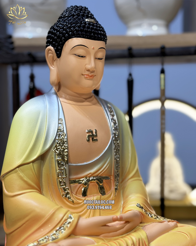 Tượng Phật Dược Sư áo vàng đế sen bằng composite 