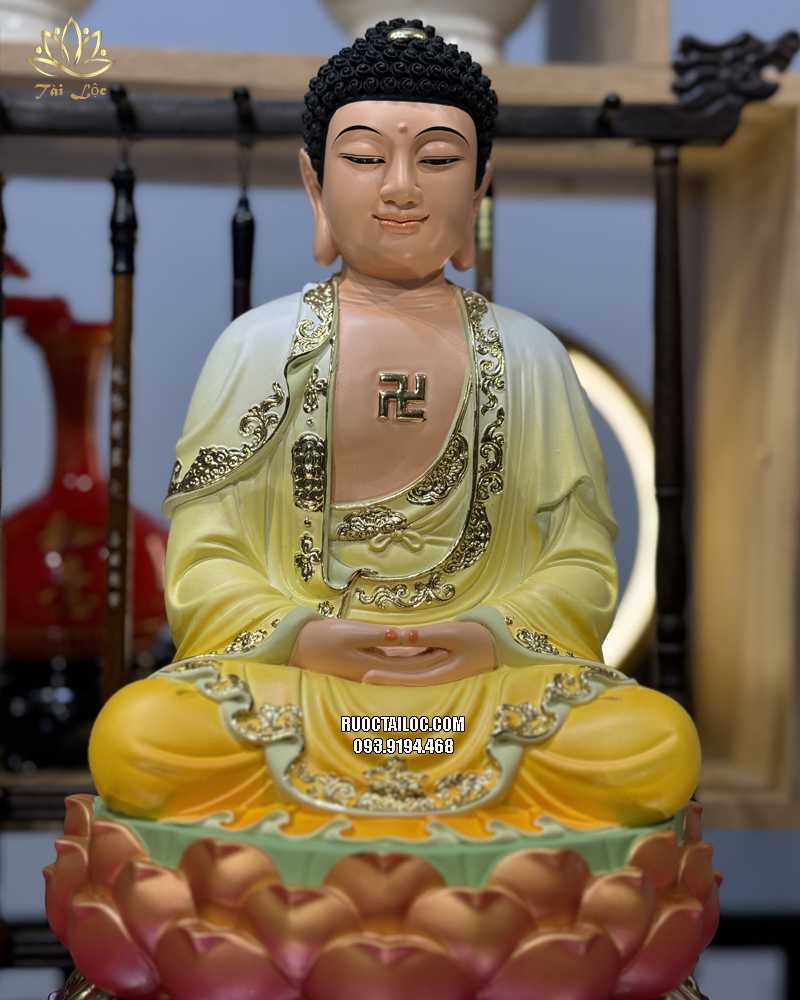 Tượng Phật Dược Sư Composite Vàng Đế Sen Đỏ DS-036