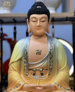 Tượng Phật Dược Sư áo vàng đế sen bằng composite