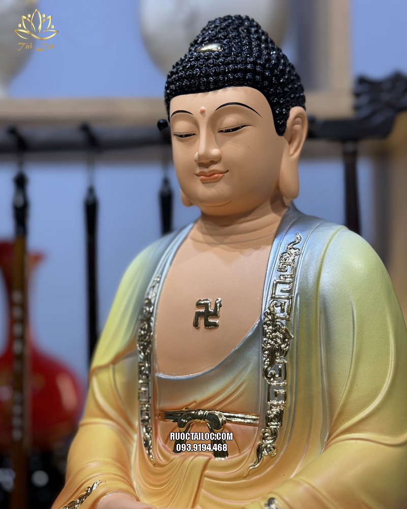 Tượng Phật Dược Sư áo vàng đế sen bằng composite 
