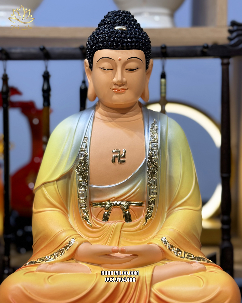 Tượng Phật Dược Sư áo vàng đế sen bằng composite