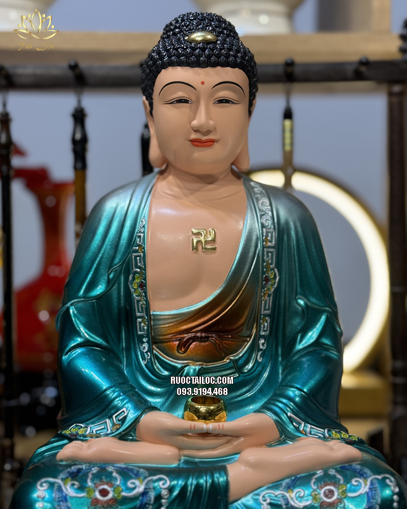 Tượng Phật Dược Sư áo xanh bằng composite diện đẹp trang nghiêm