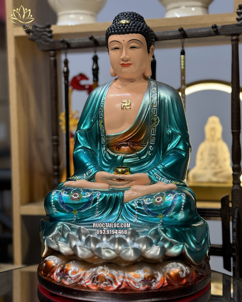 Tượng Phật Dược Sư áo xanh bằng composite diện đẹp trang nghiêm