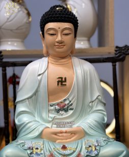 Tượng Phật Dược Sư composite áo xanh ngồi đài sen vàng