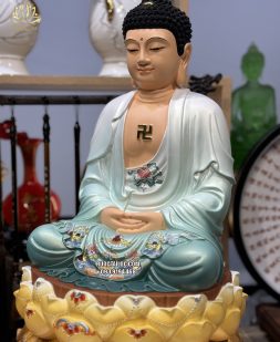 Tượng Phật Dược Sư composite áo xanh ngồi đài sen vàng