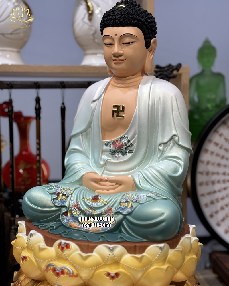 Tượng Phật Dược Sư composite áo xanh ngồi đài sen vàng 