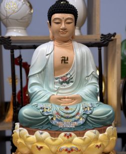 Tượng Phật Dược Sư composite áo xanh ngồi đài sen vàng diện đẹp trang nghiêm