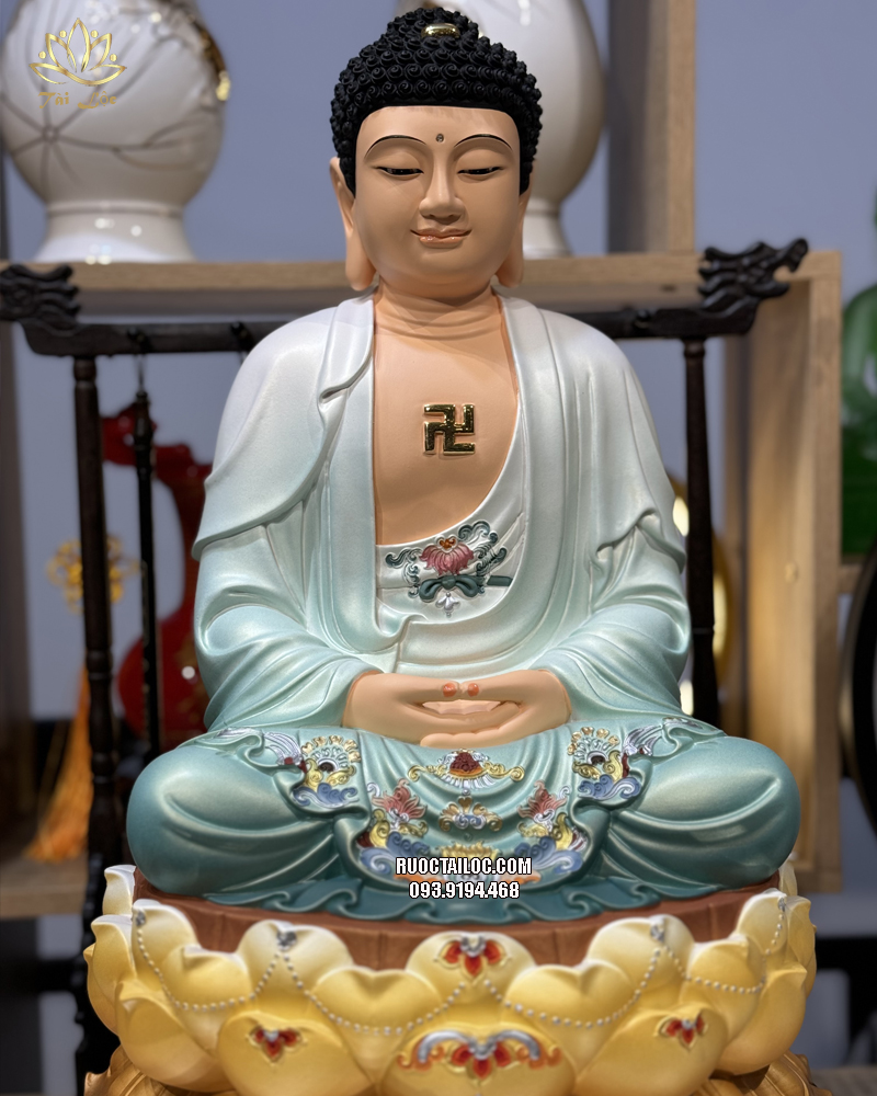 Tượng Phật Dược Sư composite áo xanh ngồi đài sen vàng diện đẹp trang nghiêm