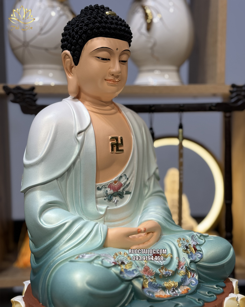 Tượng Phật Dược Sư composite áo xanh ngồi đài sen vàng 