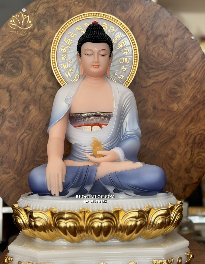 Tượng Phật Dược Sư xanh gấm đẹp đế 8 cạnh 