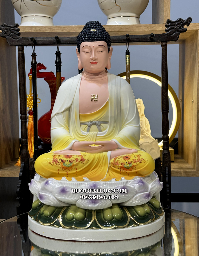 Tượng Phật Dược Sư áo vàng bằng poly ngồi đài sen tím đẹp nhất