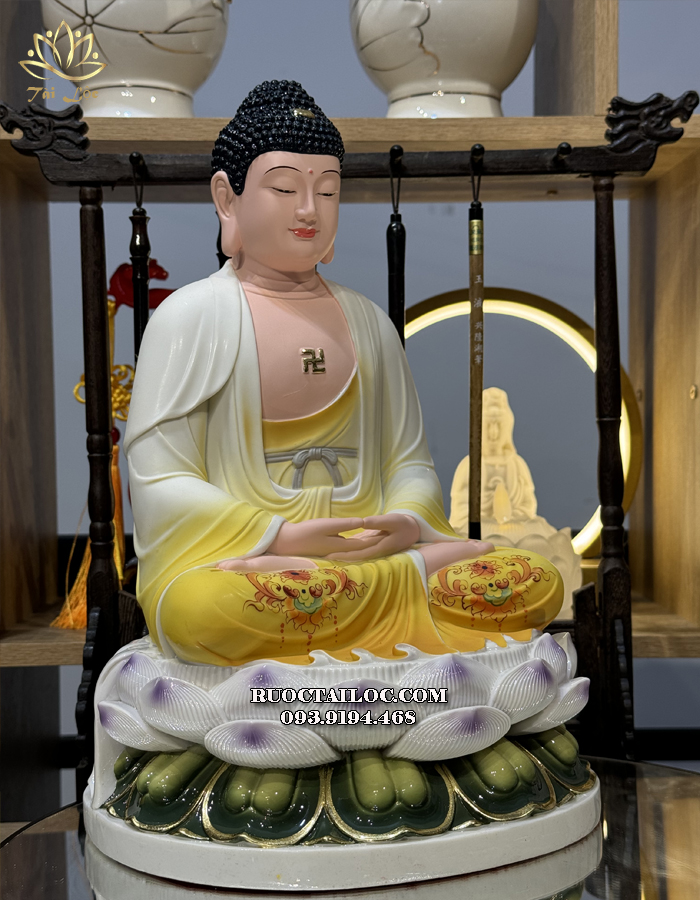 Tượng Phật Dược Sư áo vàng bằng poly ngồi đài sen tím đẹp nhất
