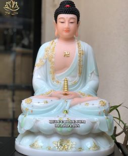 Tượng Phật Dược Sư màu xanh ngọc áo rũ viền vàng bằng bột đá diện đẹp, trang nghiêm