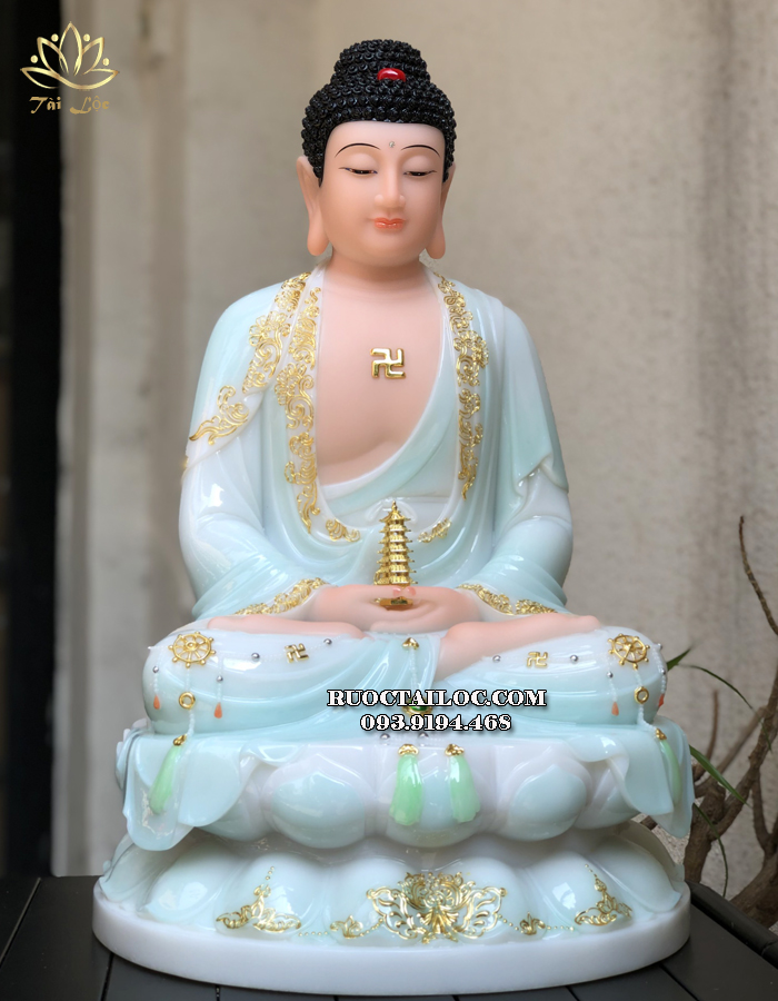 Tượng Phật Dược Sư màu xanh ngọc áo rũ viền vàng bằng bột đá diện đẹp, trang nghiêm
