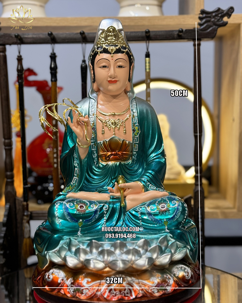 Tượng Phật Quan Âm Bồ Tát composite áo xanh phủ bóng