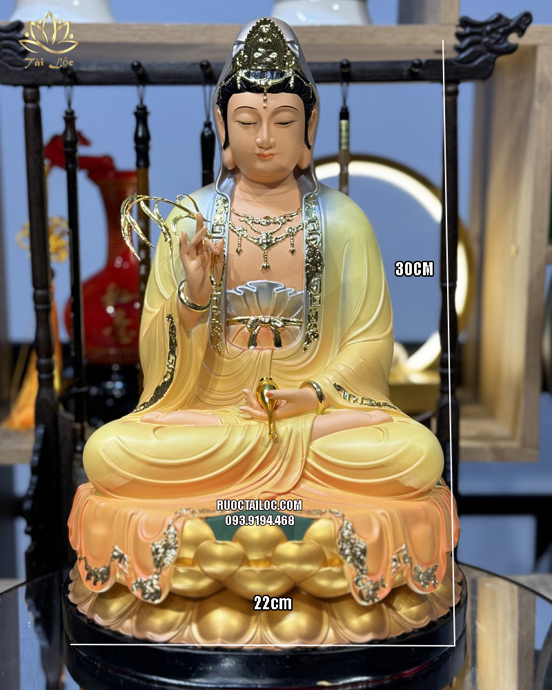 Tượng Quan Âm Bồ Tát màu vàng áo rũ ngồi đài sen đẹp