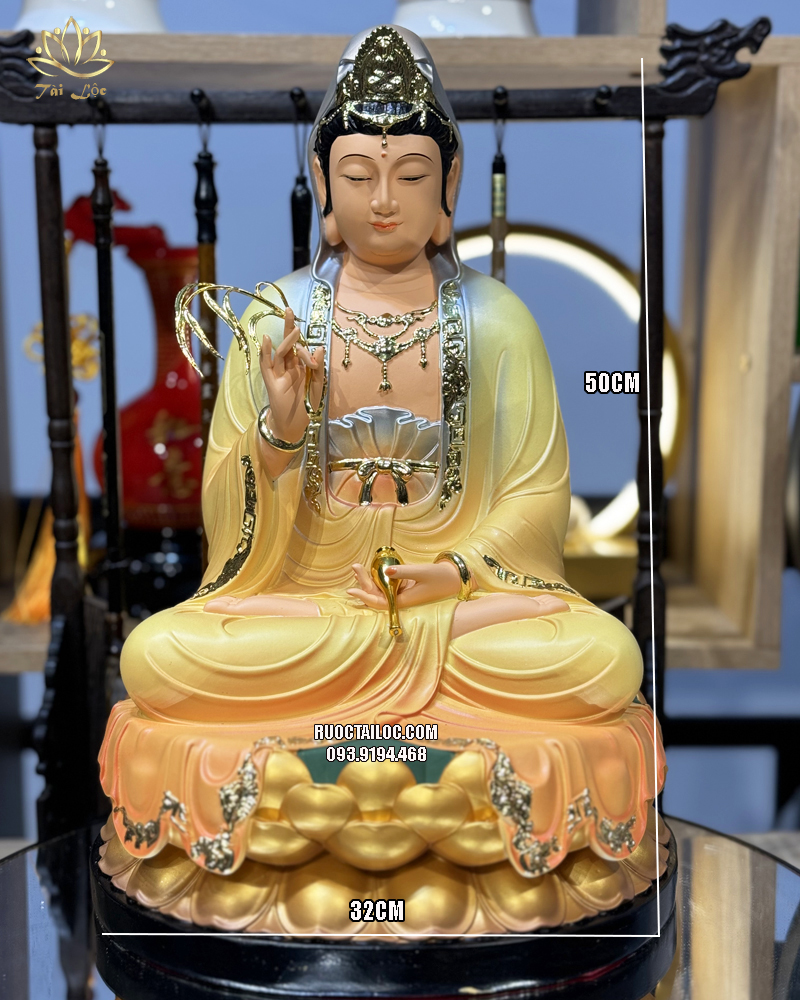 Tượng Quan Âm Bồ Tát màu vàng áo rũ ngồi đài sen đẹp